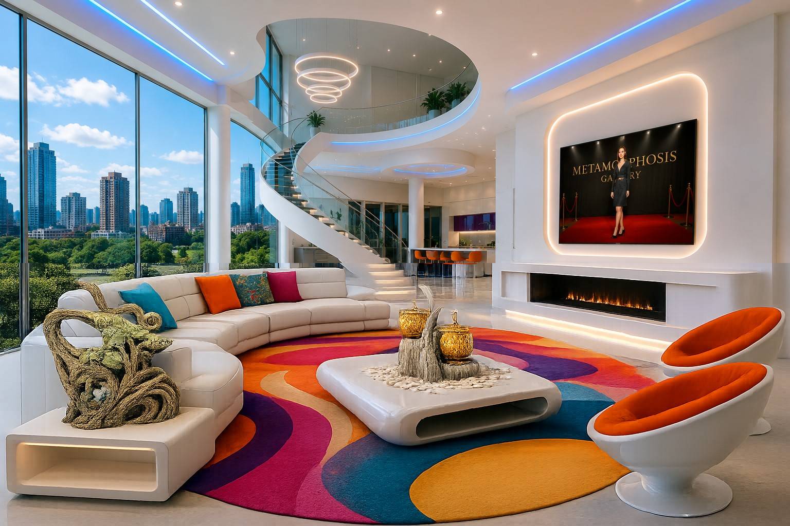 futuristic living space with 3D art